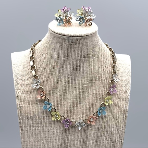 Vintage 50s Pastel Filigree Floral Necklace and Earring  Set - Picture 6 of 16
